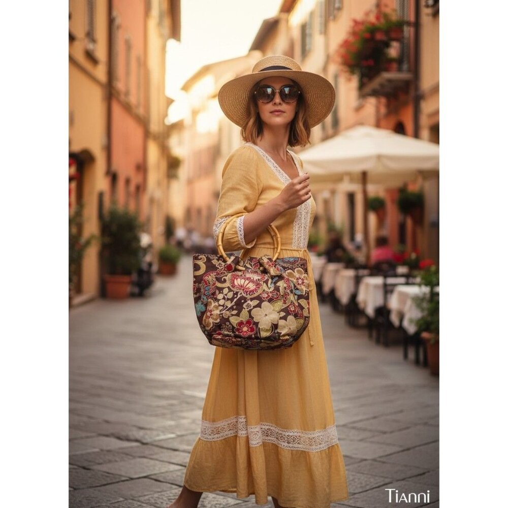 Tianni Floral Embroidered Boho Fabric Handbag With Bamboo Ring Handles